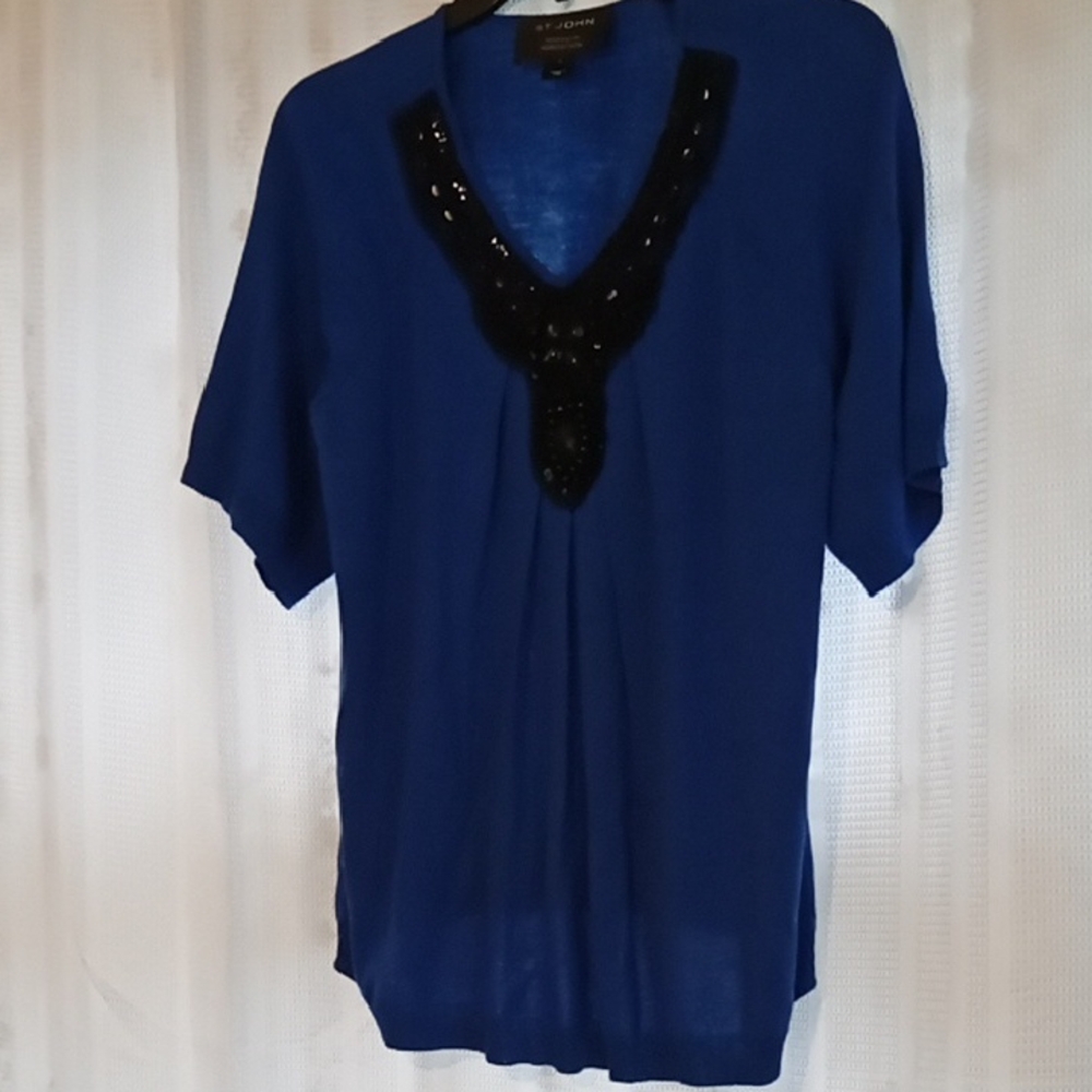 St. John Blue Blouse with Black Accents